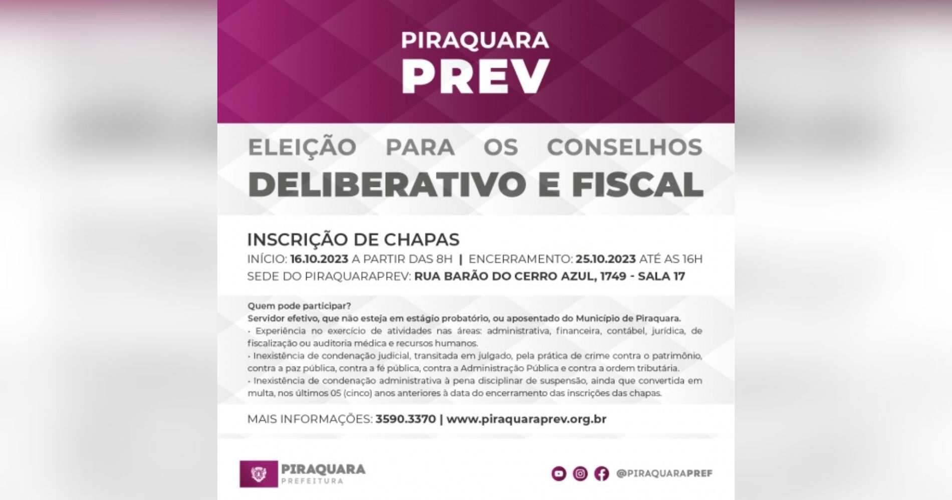 Piraquaraprev abre inscrições para Conselhos Deliberativo e Fiscal