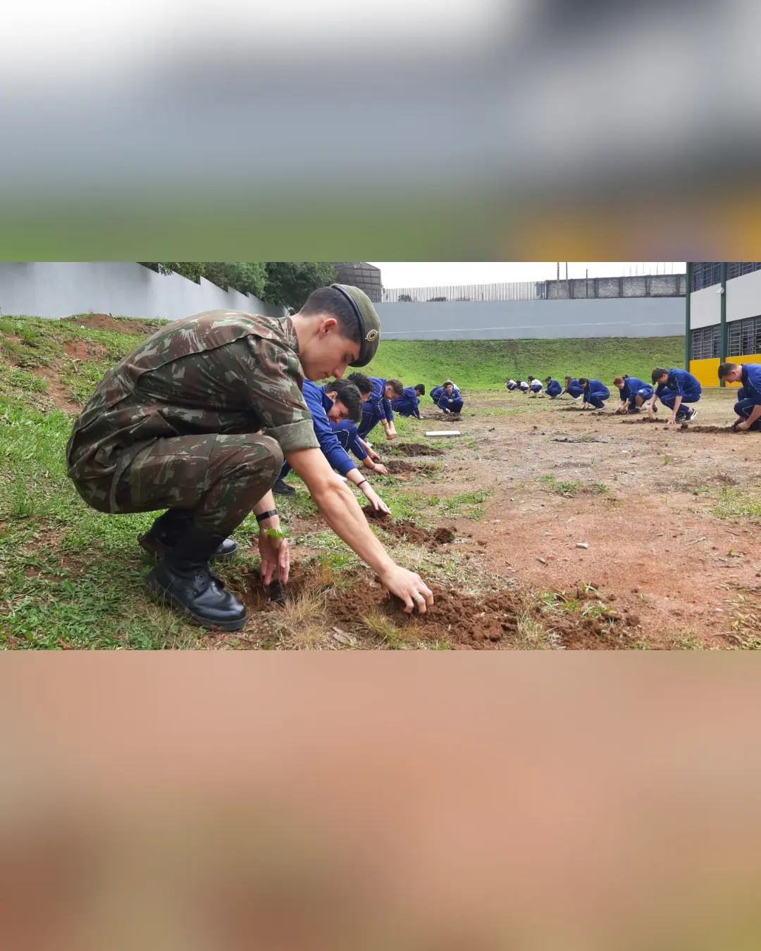 Militares do Exército e alunos fazem plantio de mudas de ipê e acácias no Colégio Elias Abrahao