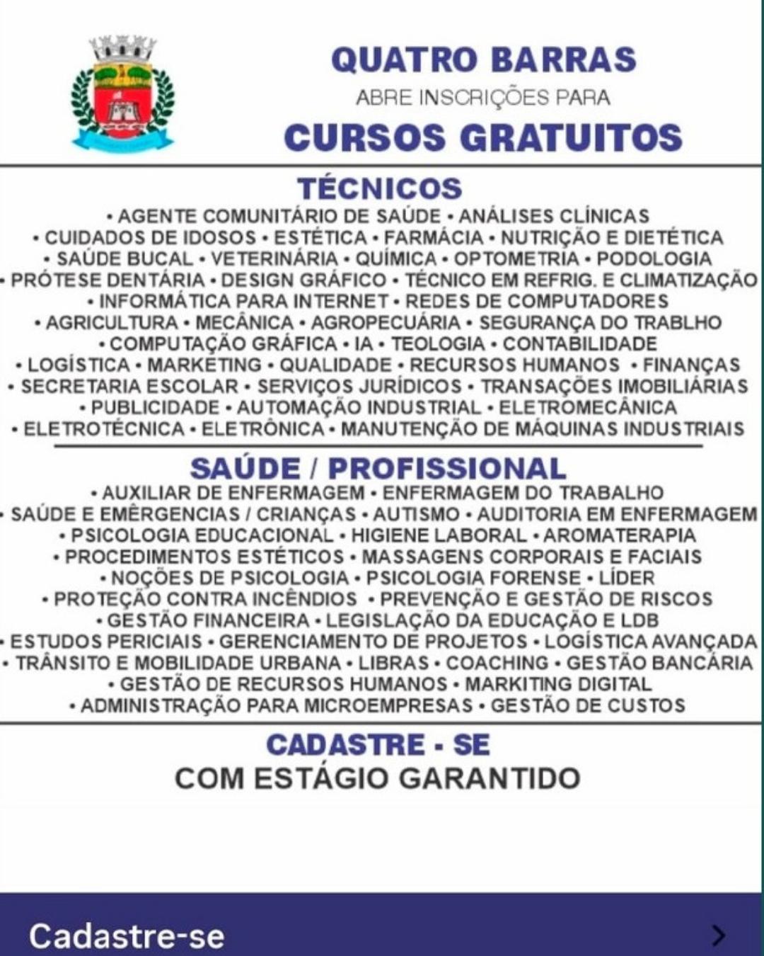 Falso anúncio de cursos e estágios circula nas redes e Prefeitura de Quatro Barras faz alerta