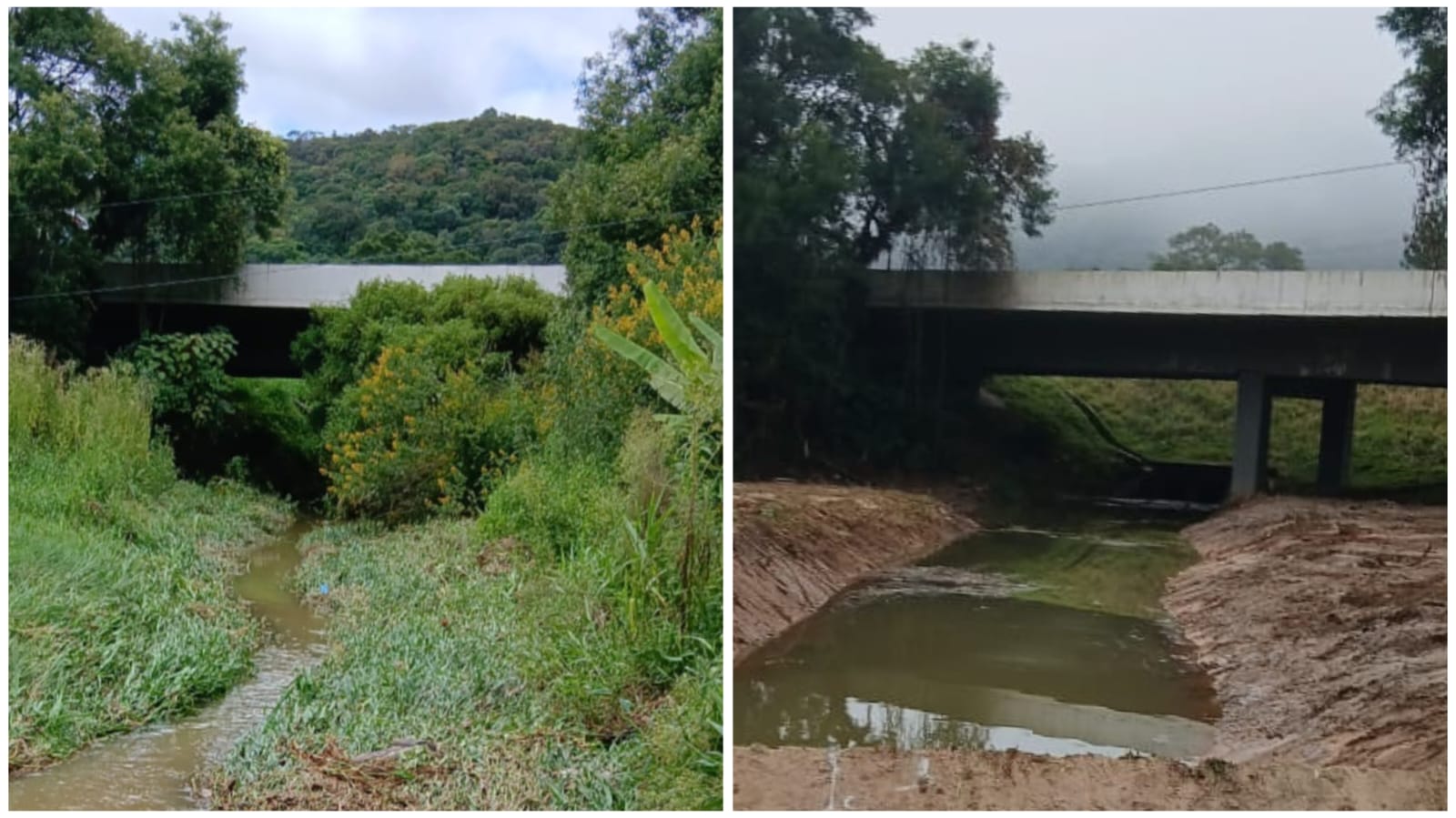 O antes e o depois do córrego que passou por limpeza e manutenção nas últimas semanas para reduzir riscos de alagamentos