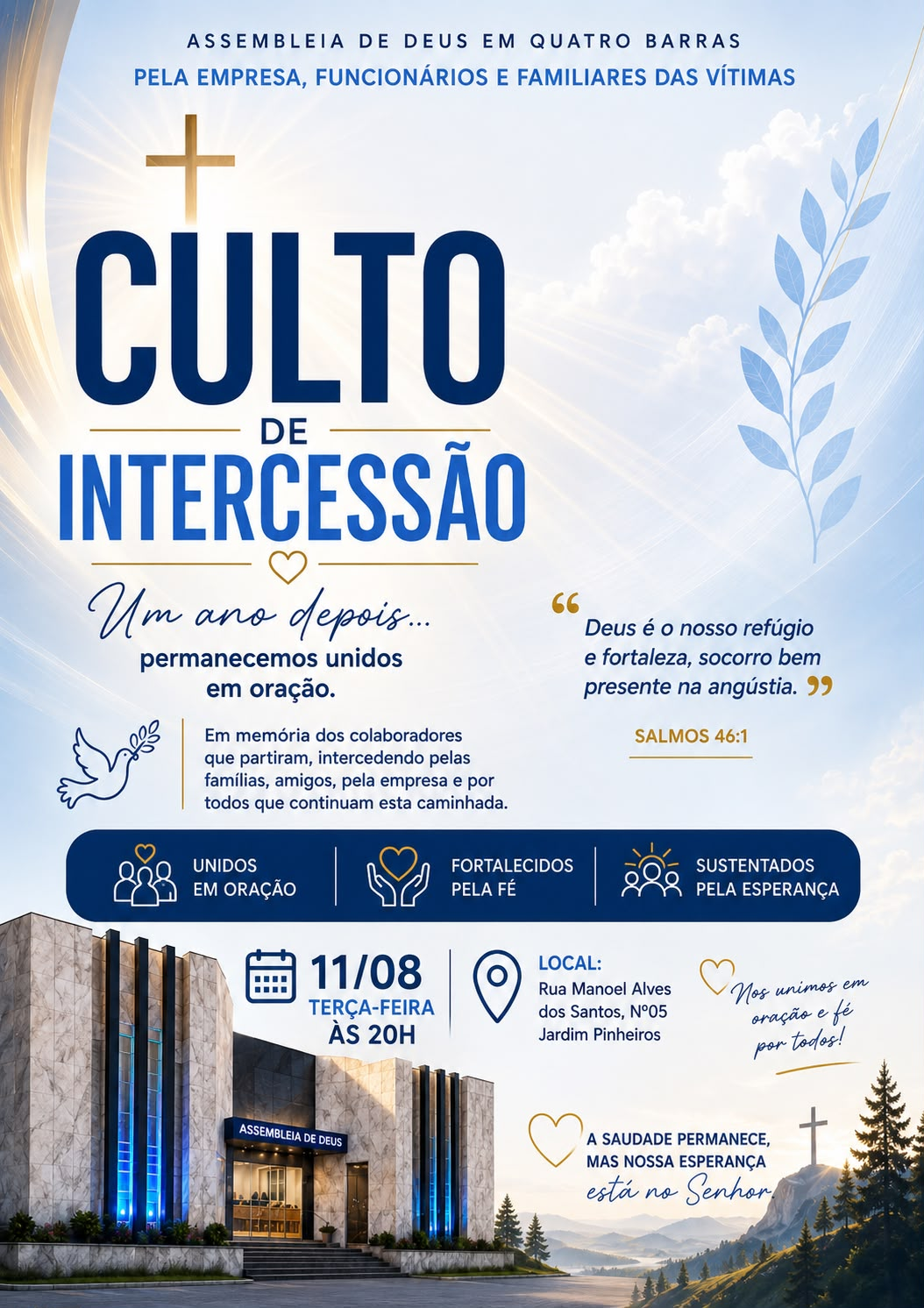 Assembleia de Deus de Quatro Barras realiza culto em memória das vítimas um ano após tragédia na Enaex